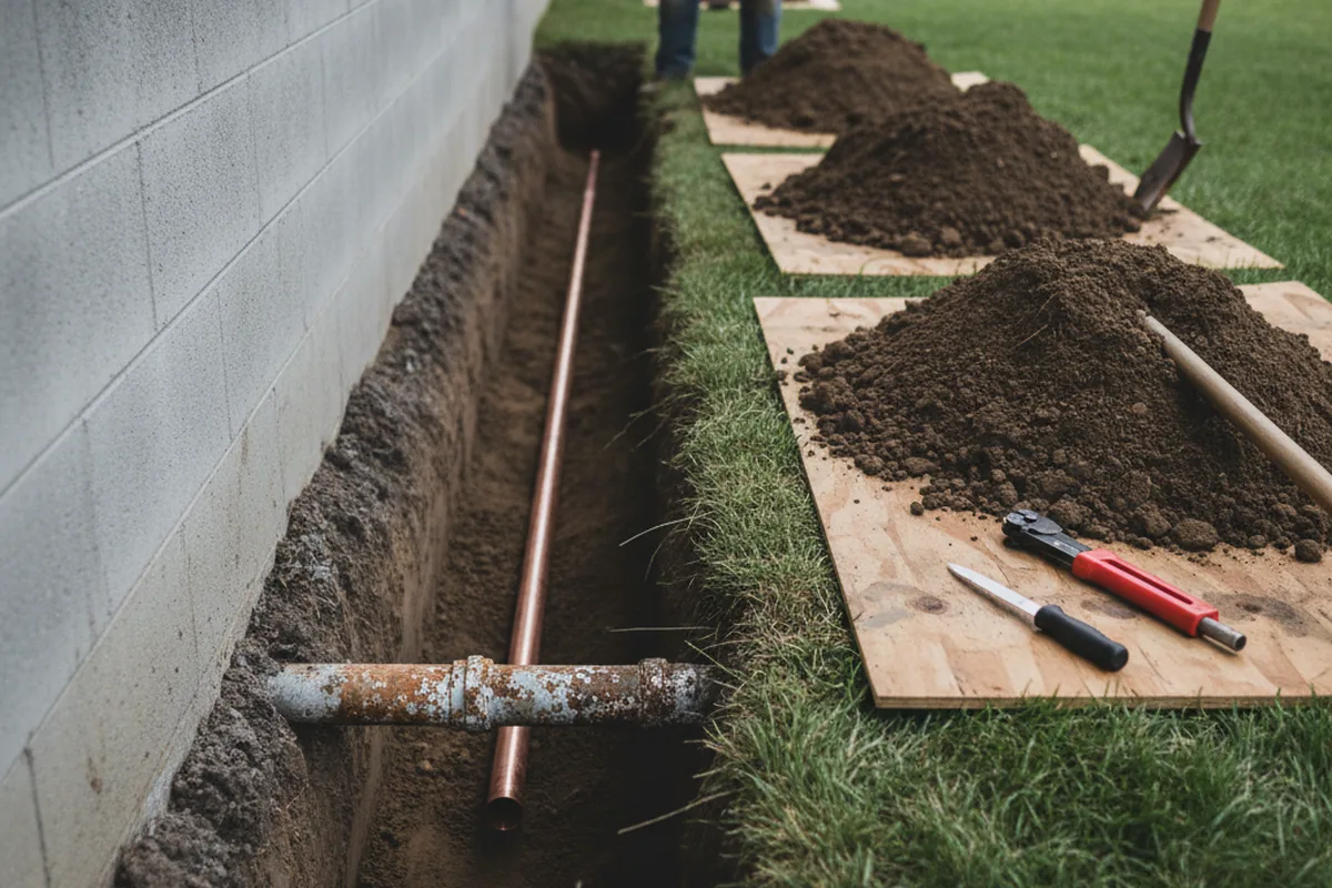 Excavated water line trench during Water Heater Repair in Fort Eustis
